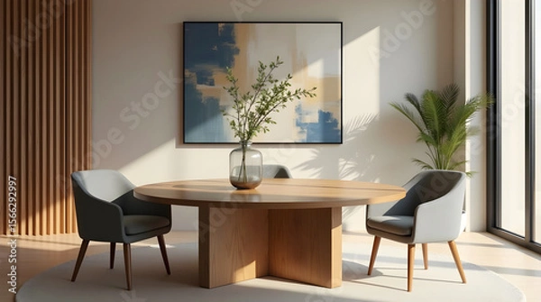Fototapeta Modern minimalist dining area with a round wooden table and gray chairs