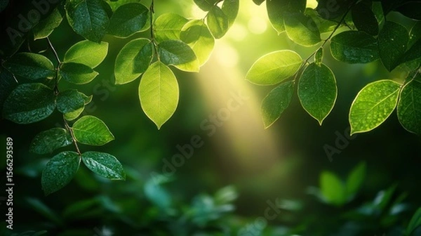 Fototapeta Sunbeams filtering through lush green foliage, creating a vibrant natural scene.