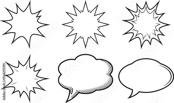 Obraz Vector art of set of six comic speech bubbles, isolated on transparent background, in a classic style