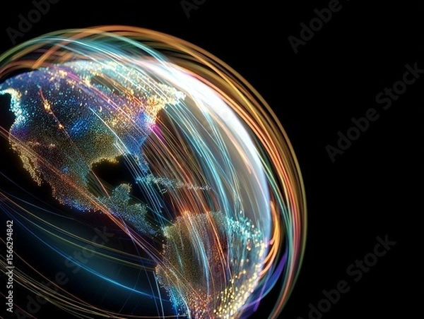 Fototapeta Digital Earth with Colorful Light Trails Representing Global Data Flow and High-Speed Connectivity.