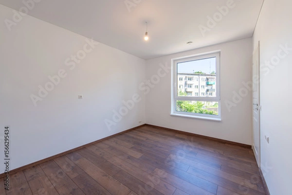 Fototapeta Bright Minimalist Empty Room with Wooden Flooring and Scenic Outdoor Views