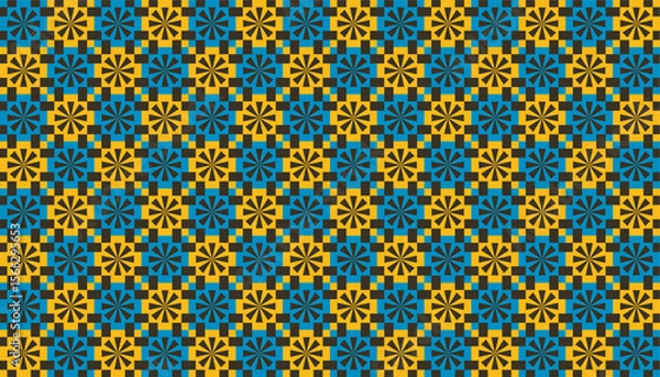 Fototapeta Bright seamless pattern of radial floral shapes in bold yellow and deep blue tones on a black background, forming a vibrant geometric mosaic