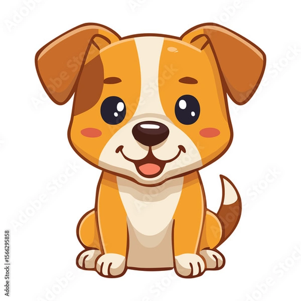 Fototapeta Happy cartoon puppy with orange and white fur sitting and smiling in a playful pose. PNG image, transparent background