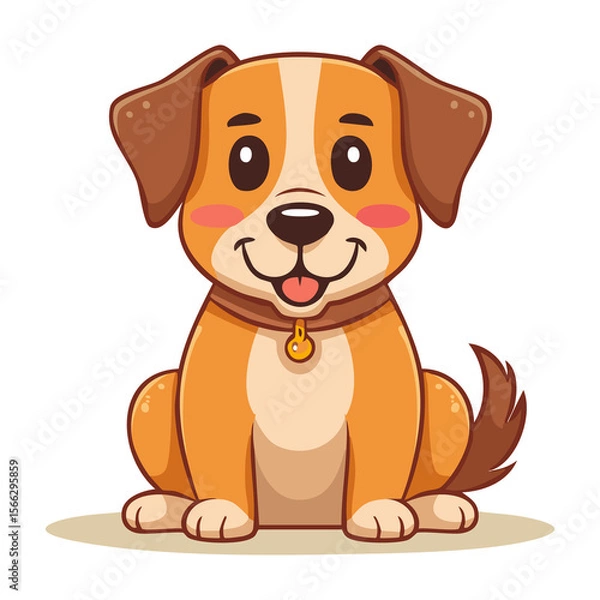 Fototapeta Cute cartoon dog sitting happily with a friendly expression and a collar in a playful illustration style. PNG image, transparent background