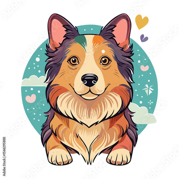 Fototapeta Cute corgi with colorful fur and playful background in a whimsical illustration. PNG image, transparent background