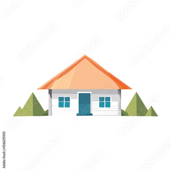 Fototapeta Colorful house with triangular roof and surrounding greenery in a digital illustration style. PNG image, transparent background