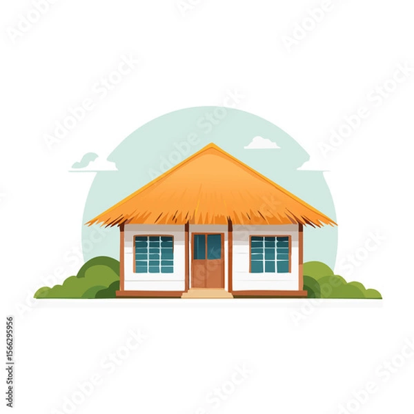 Fototapeta Traditional straw-roofed house set against a serene background with gentle clouds and greenery. PNG image, transparent background