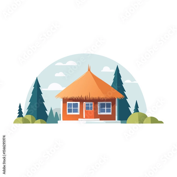 Fototapeta Charming wooden cottage nestled among tall pine trees in a serene landscape with a clear sky. PNG image, transparent background