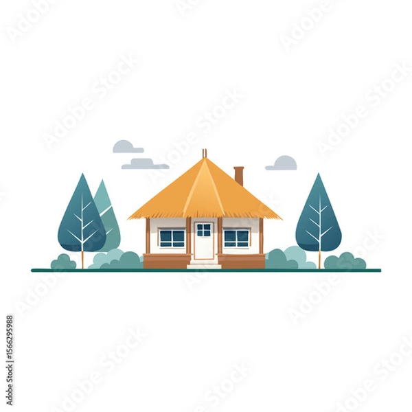 Fototapeta Cottage with thatched roof surrounded by trees in a serene outdoor setting during the daytime. PNG image, transparent background
