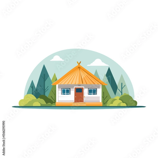 Fototapeta Cozy cabin nestled in serene landscape surrounded by lush trees and mountains in a peaceful natural setting. PNG image, transparent background