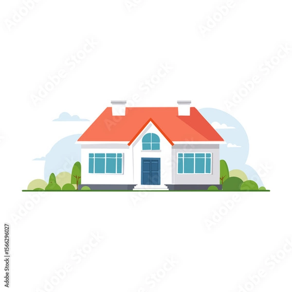 Fototapeta Charming house with red roof and blue door surrounded by greenery in a serene setting during daylight. PNG image, transparent background