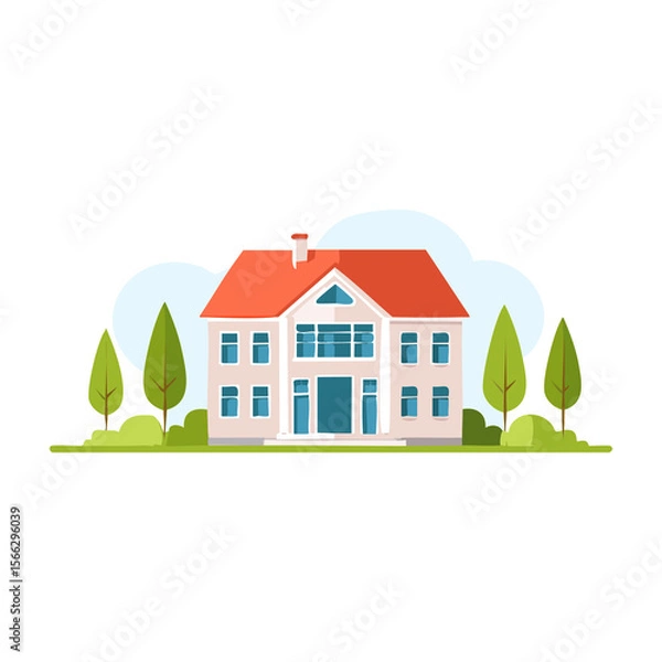 Fototapeta Modern house illustration surrounded by trees and greenery in a serene outdoor setting. PNG image, transparent background