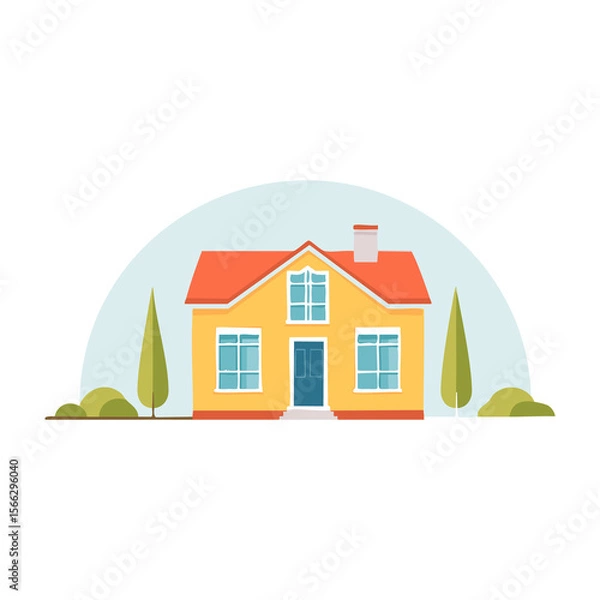 Fototapeta Bright yellow house with red roof surrounded by green trees and bushes in a sunny landscape. PNG image, transparent background