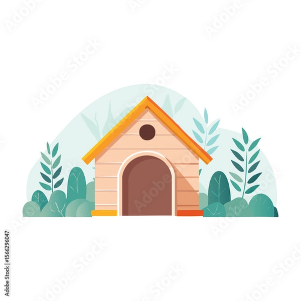 Fototapeta Colorful wooden dog house surrounded by green plants in a serene outdoor setting during daytime. PNG image, transparent background