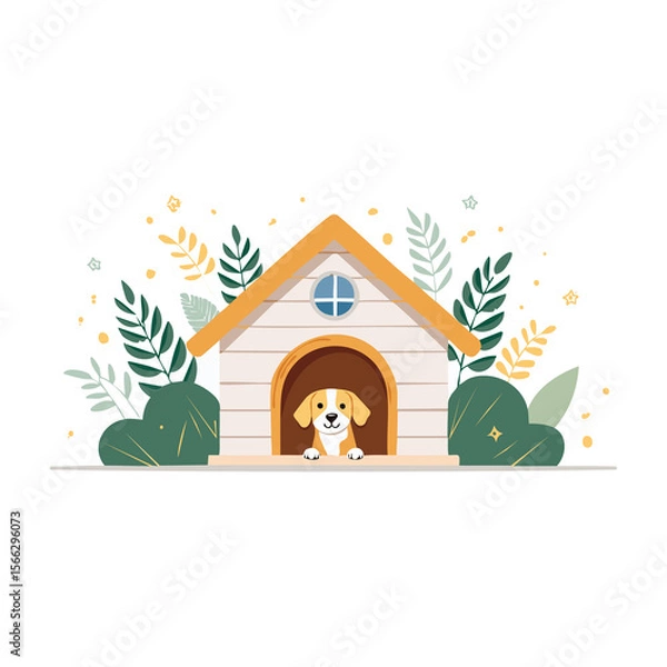 Fototapeta Cute dog peeking out from a colorful doghouse surrounded by plants in a playful outdoor setting. PNG image, transparent background