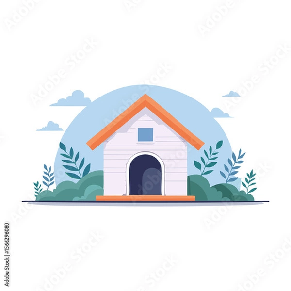 Fototapeta Modern dog house nestled in greenery with a soft blue sky and white clouds on a sunny day. PNG image, transparent background