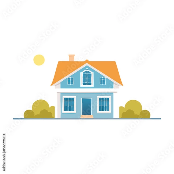 Fototapeta Charming blue house with orange roof surrounded by greenery in bright sunny weather. PNG image, transparent background