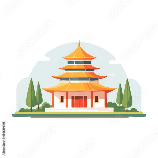 Fototapeta Traditional Asian temple with multiple levels set against a clear sky in a serene environment with green trees. PNG image, transparent background