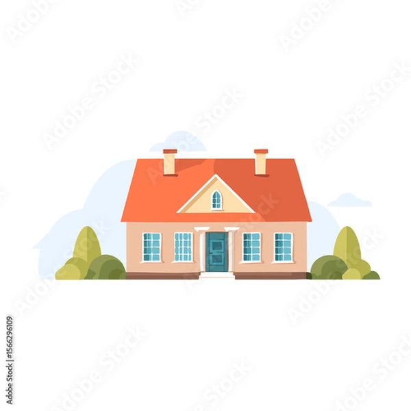 Fototapeta Charming suburban house with a red roof surrounded by greenery and a clear sky during a sunny day. PNG image, transparent background
