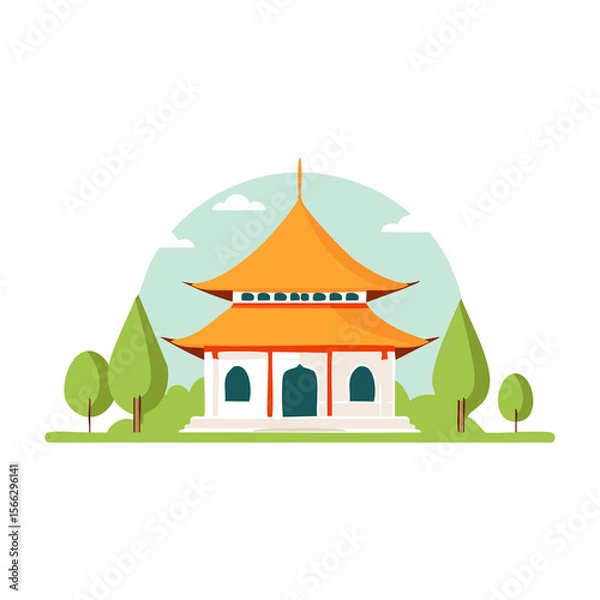 Fototapeta Traditional Asian temple surrounded by trees during a sunny day in a serene setting with vibrant colors. PNG image, transparent background