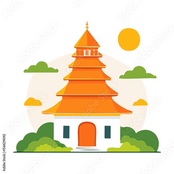 Fototapeta Colorful pagoda surrounded by green trees under a sunny sky with clouds at midday. PNG image, transparent background