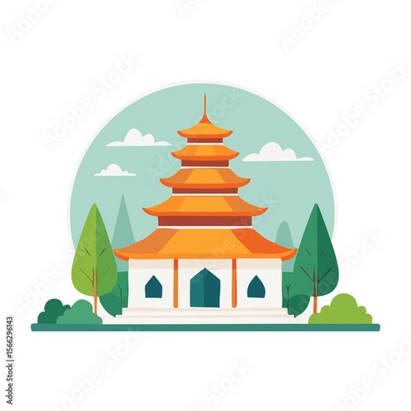 Fototapeta Elegant temple in a serene landscape with lush greenery and clear skies during a sunny day. PNG image, transparent background