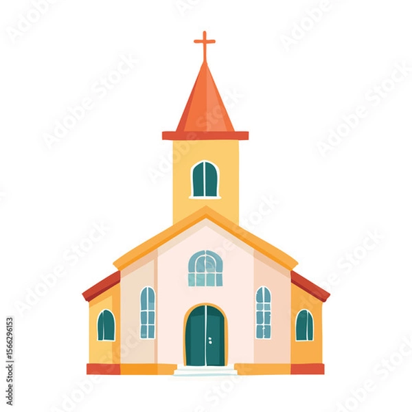 Fototapeta Colorful church with a tall steeple and vibrant windows in a sunny outdoor setting. PNG image, transparent background