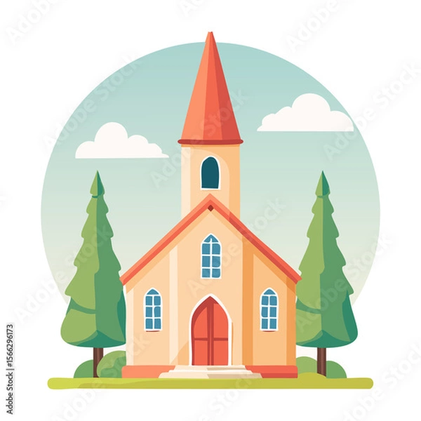 Fototapeta Colorful church surrounded by green trees in a serene landscape during a clear day. PNG image, transparent background
