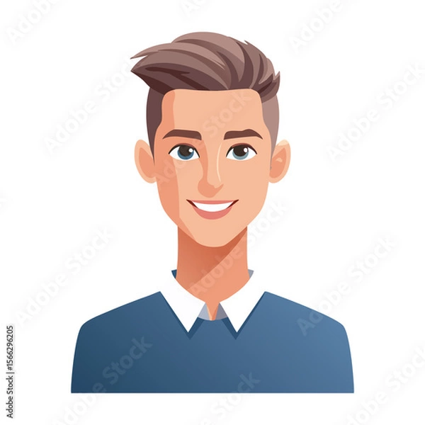 Fototapeta Portrait of a young man smiling wearing a blue sweater with a white collar in a light background. PNG image, transparent background