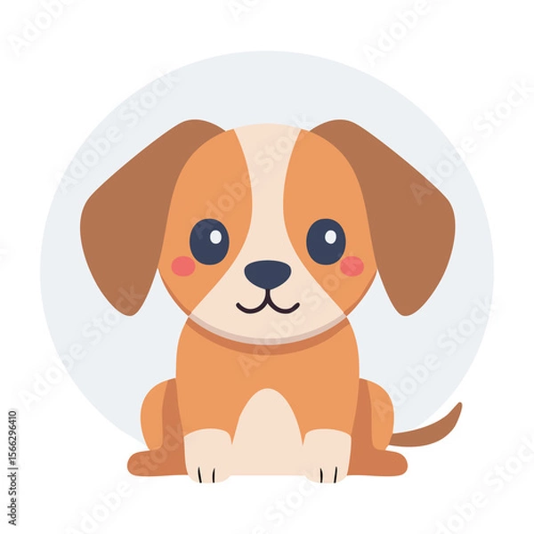 Fototapeta Cute cartoon puppy sitting calmly in a circular background with bright colors and cheerful expression. PNG image, transparent background