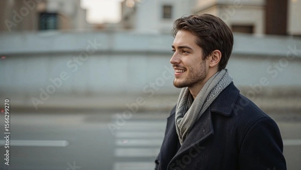 Fototapeta Handsome man in winter coat and scarf smiles outdoors against a blurred city backdrop, showcasing style and a confident expression.