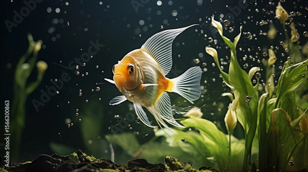 Fototapeta Lone angelfish gliding through freshwater aquarium with aquatic plants and bubbles