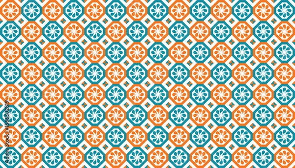 Fototapeta Seamless repeating pattern of ornate geometric medallions in bright orange and turquoise blue on a white background, creating a vibrant and symmetrical tile effect