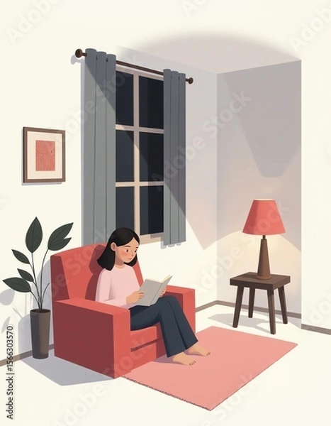 Fototapeta Woman reading a book in a cozy room at night
