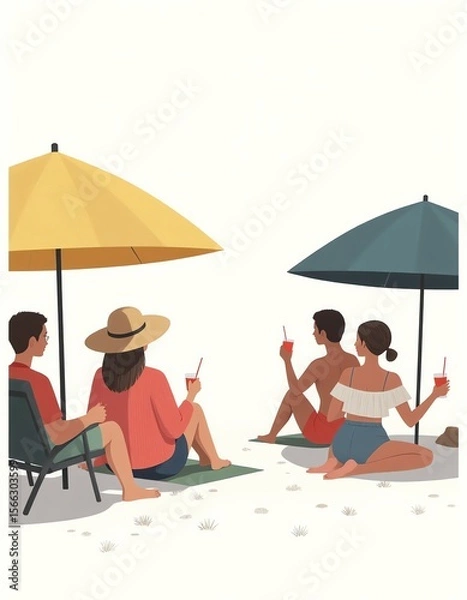 Fototapeta Group of people relaxing on the beach under umbrellas, drinking cold beverages

