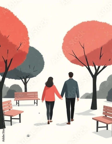 Fototapeta Couple walking in the park during autumn, flat minimalist illustration with pastel tones
