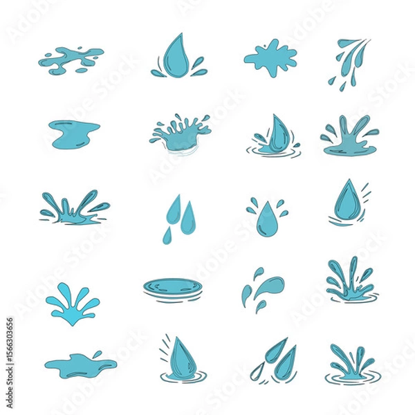 Fototapeta Water Drop and Splash Vector Set. Hand drawn waterdrop illustration. Set of versatile water splash vector illustrations. Flat vector set of clean blue water drops and splash illustrations..