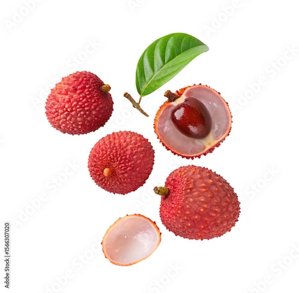 Fototapeta Fresh lychee fruits and green leaf on black background with whole and half cut lychees visible