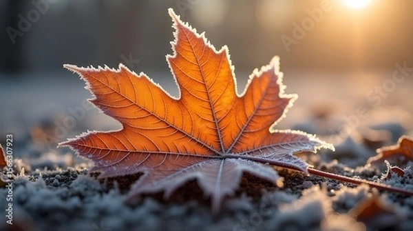 Fototapeta A crisp macro shot of morning frost forming delicate ice crystals on a fallen autumn leaf, captured in soft natural lighting -