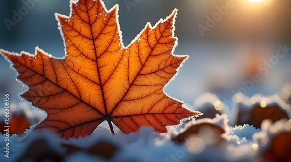 Fototapeta A crisp macro shot of morning frost forming delicate ice crystals on a fallen autumn leaf, captured in soft natural lighting -