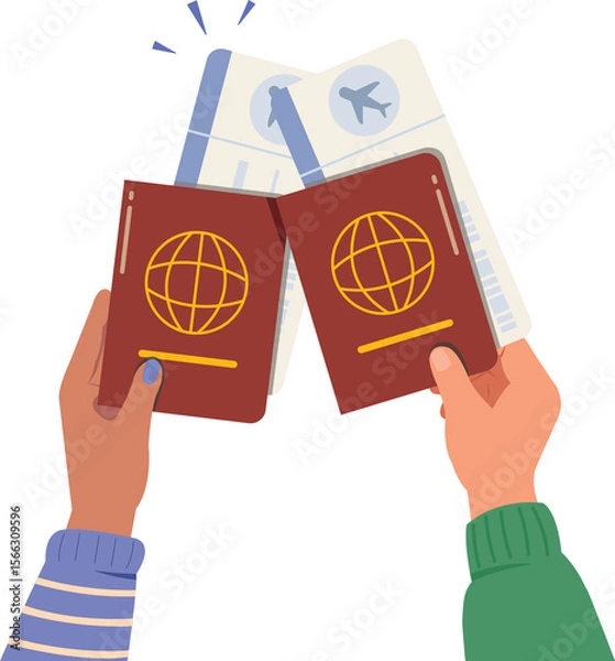 Obraz Hand holding passport and ticket for travel or trip. Vector Illustration of travel around the world.