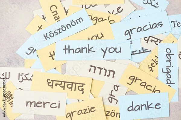 Fototapeta Thank you, word thanks in different languages, being thankful, support, help and charity concept, global communication