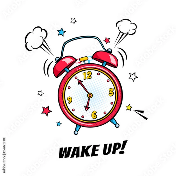 Fototapeta Comic alarm clock ringing and expression with wake up text. Vector bright dynamic cartoon object in retro pop art style isolated on white background.