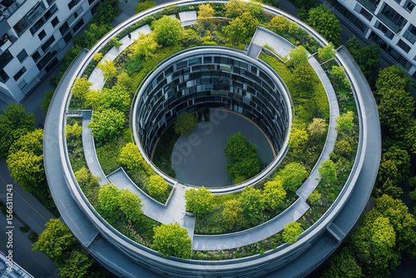 Fototapeta Futuristic eco-friendly circular building with lush green rooftop garden and sustainable design in modern urban cityscape