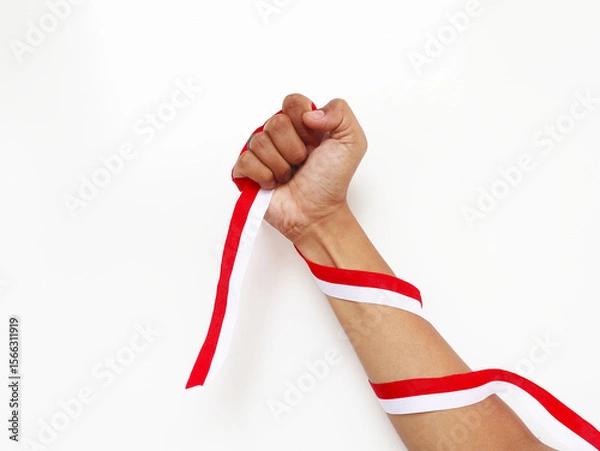 Obraz The hands of a man holding a red and white ribbon as a symbol of the Indonesian flag. Isolated on white background. Independence day concept