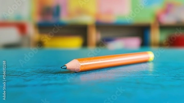Fototapeta A sharpened orange pencil lies on a blue surface with a colorful, blurred background.