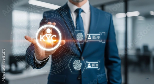Fototapeta Businessman Interacting With Digital KYC Interface Screen