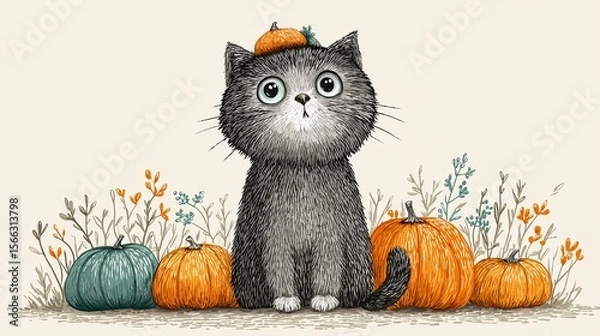 Fototapeta Cute kitty with pumpkins for autumn vibes.