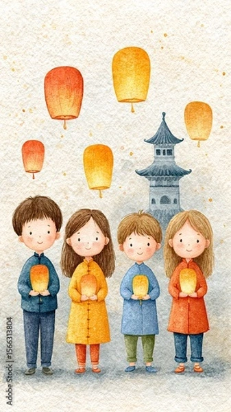 Obraz Children with lanterns for a festival celebration.