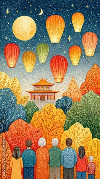 Fototapeta Colorful lanterns light up a serene night.